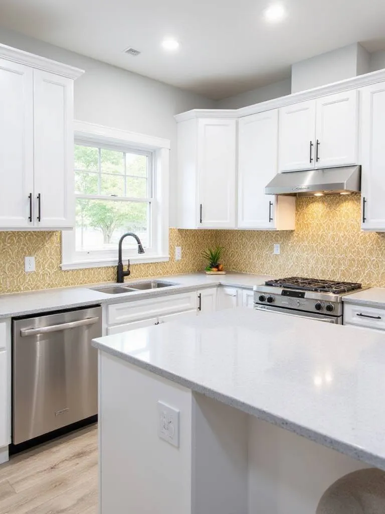 Modern kitchen with white cabinets and metallic gold geometric wallpaper backsplash.