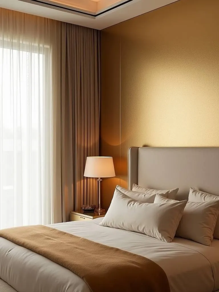 Bedroom with gold metallic textured wallpaper accent wall
