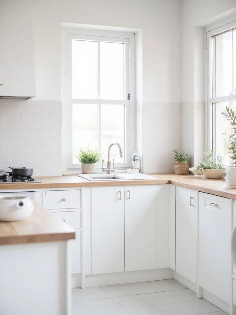 Minimalist Scandinavian kitchen with light gray geometric wallpaper