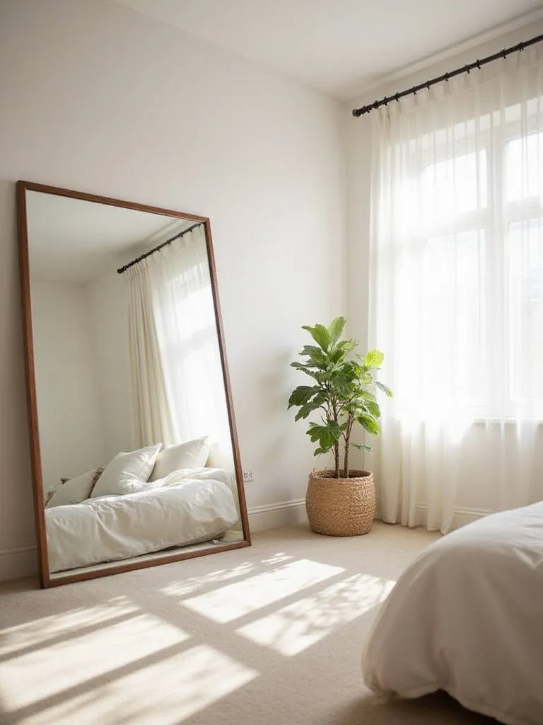 Small bedroom with a large mirror leaning against the wall, reflecting light and creating the illusion of more space.