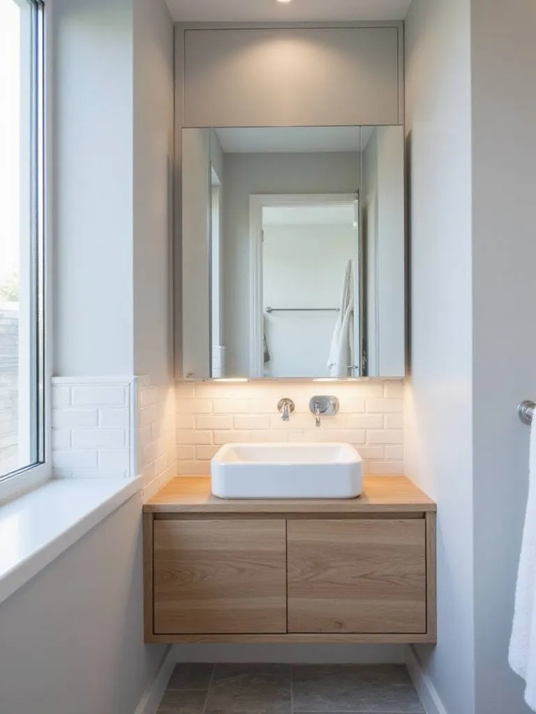 Small bathroom with a recessed mirrored cabinet reflecting the opposite wall, creating a spacious feel.