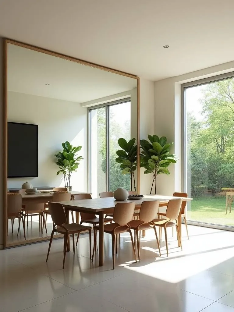 Dining room with large mirror reflecting garden, creating illusion of larger space