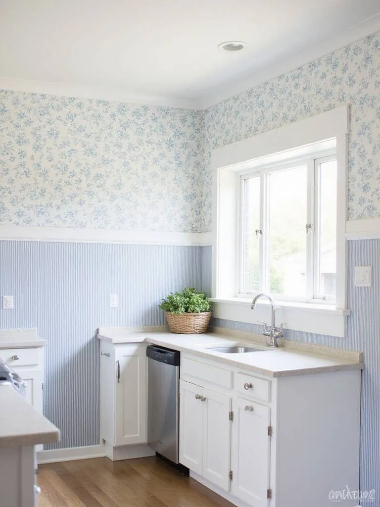 Eclectic kitchen with mixed floral and striped blue and white wallpaper