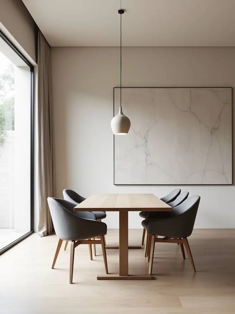 Modern minimalist dining room with neutral paint colors and clean lines.