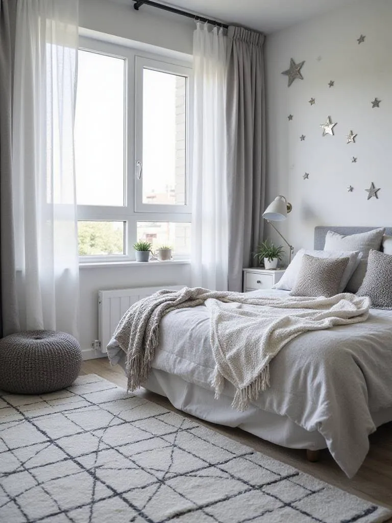 Modern monochrome kids bedroom with geometric rug and star decals.