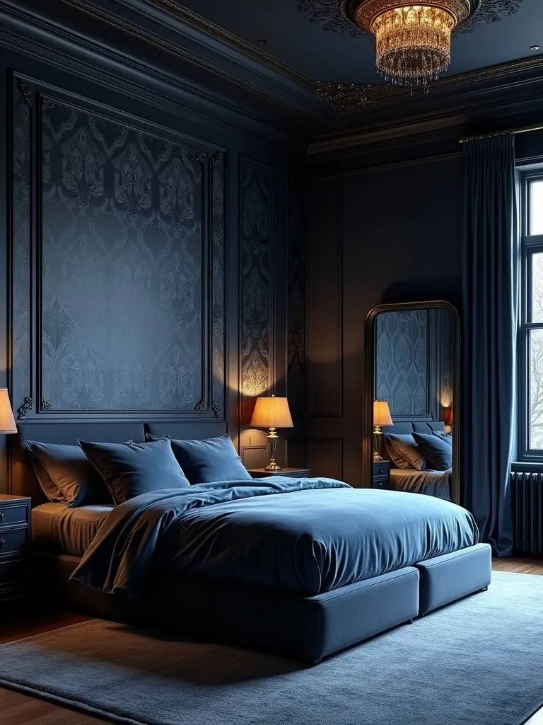 Moody master bedroom with dark blue damask wallpaper and luxurious velvet bedding