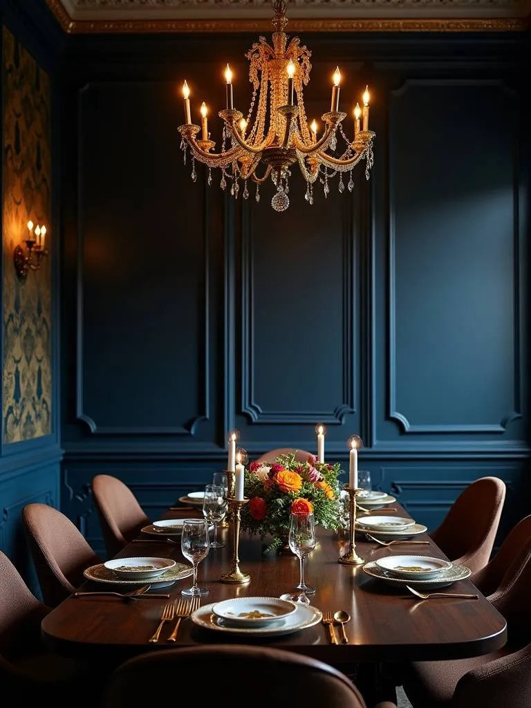 Moody dining room with deep navy blue walls and gold accents, creating an intimate and sophisticated dining experience.