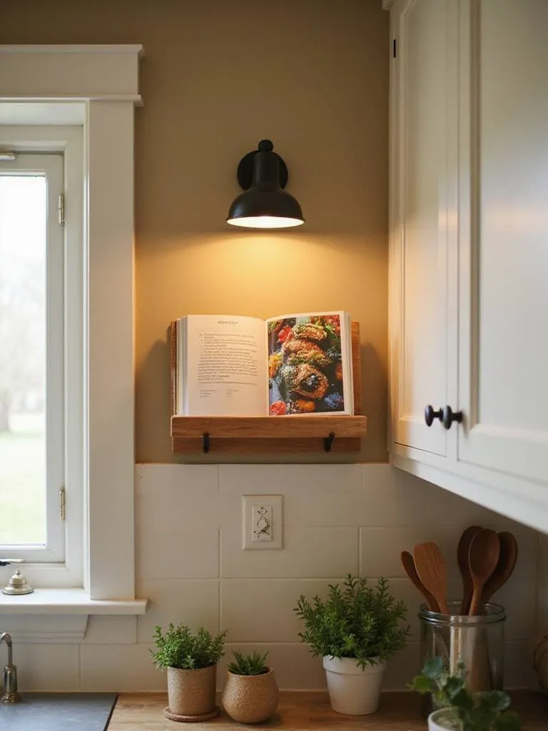 Wall-mounted recipe book stand displaying a cookbook in a kitchen.