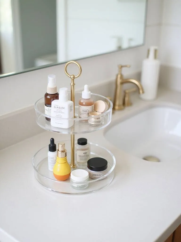 Multi-level acrylic tray organizing skincare and makeup on a bathroom countertop.