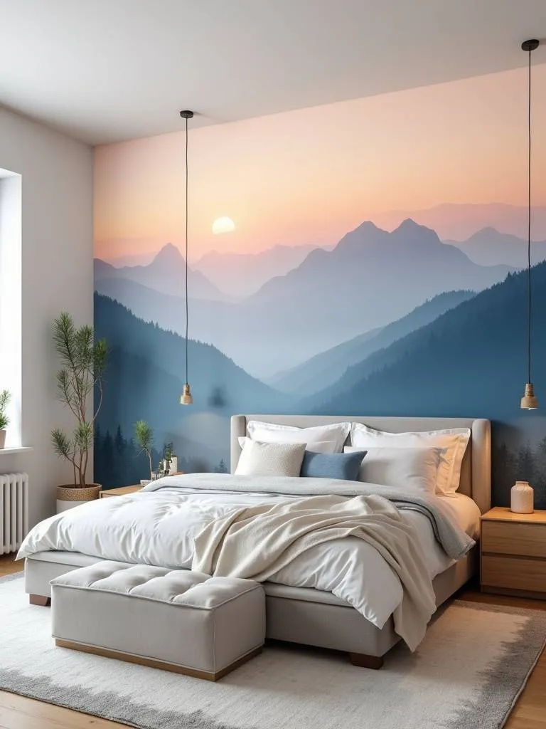 Bedroom with mountain range wallpaper mural feature wall