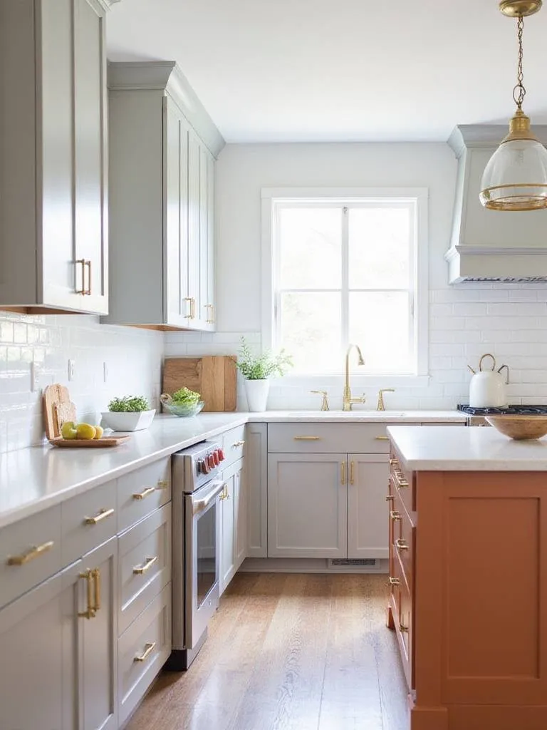 Muted orange kitchen island in a gray and white kitchen