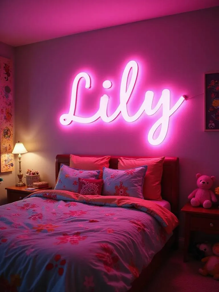 Brightly lit kid's bedroom with a glowing pink 'Lily' name sign above the bed.