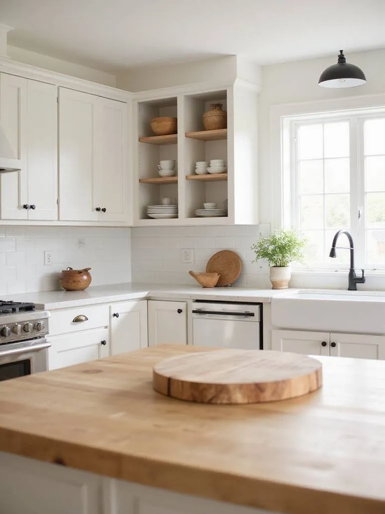 Farmhouse kitchen with white cabinets and a natural wood island featuring a butcher block countertop.
