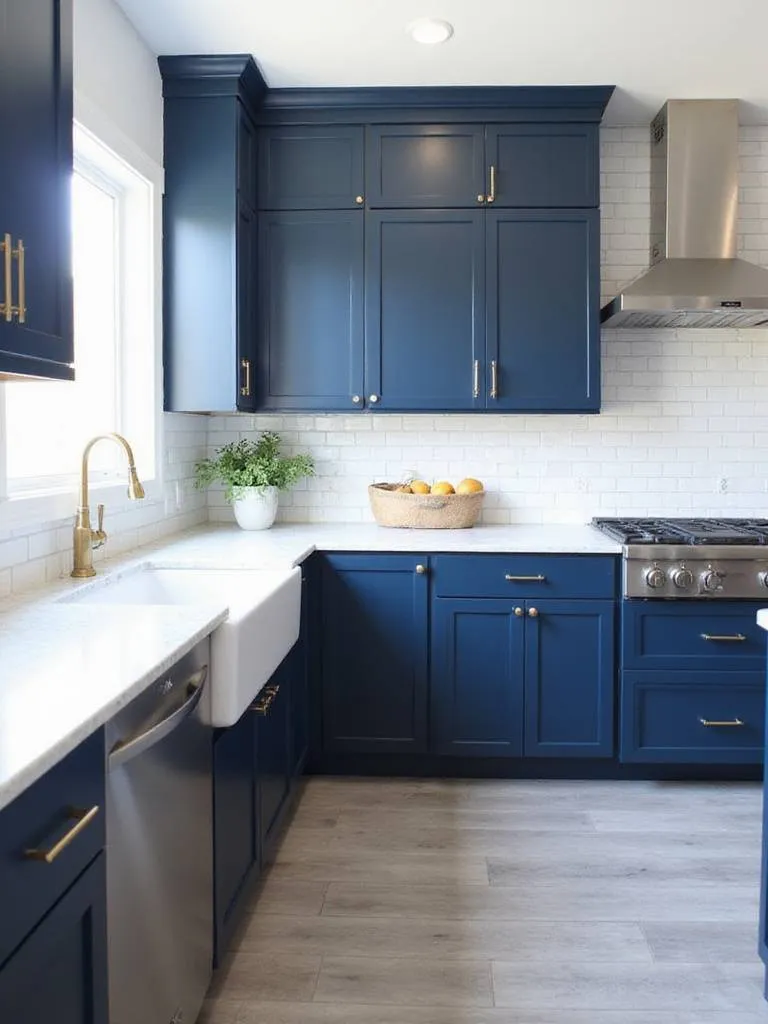 Navy blue kitchen with white countertops and brass hardware.