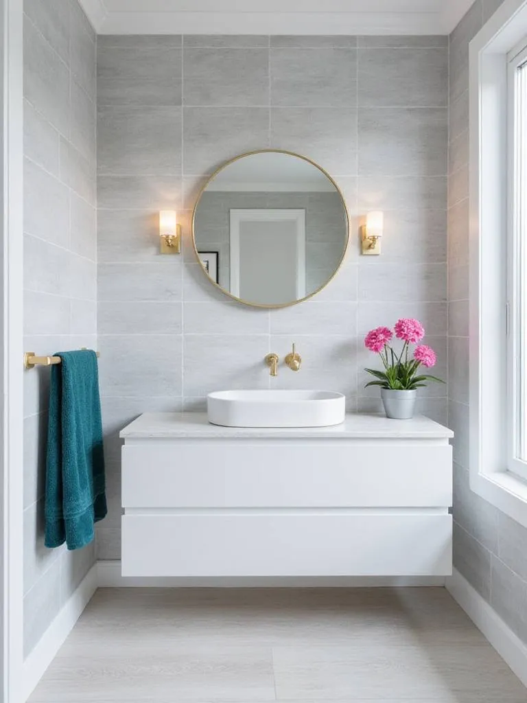 Modern bathroom with light gray walls, white vanity, and deep teal towels providing a bold accent.