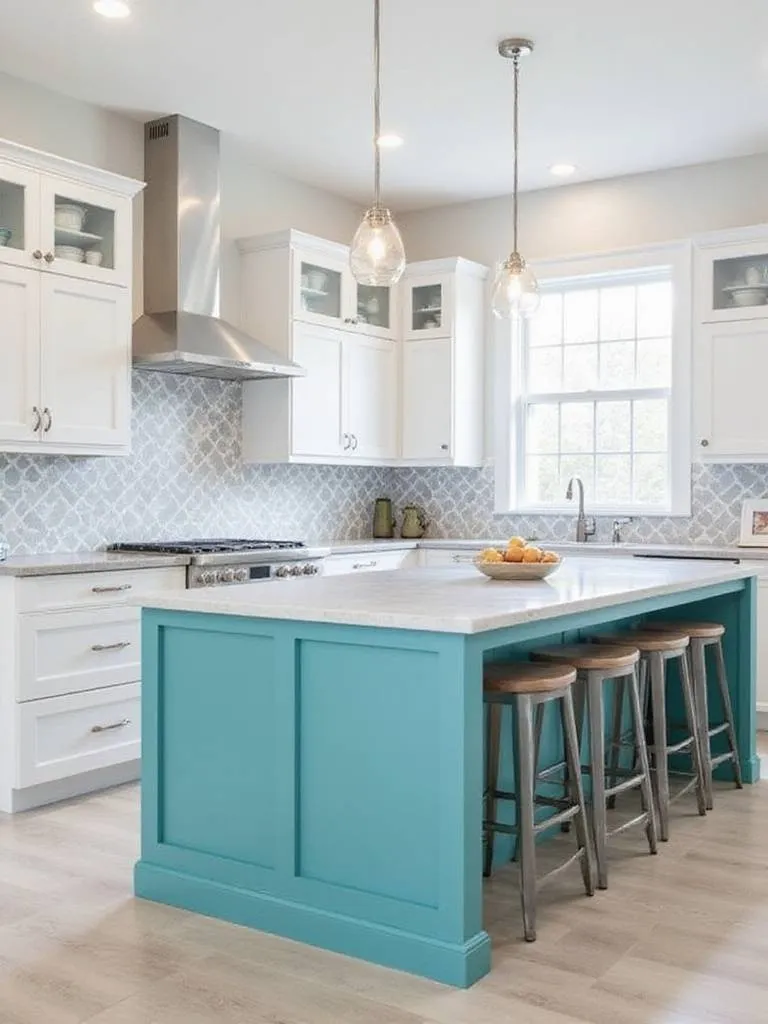 Modern kitchen with white cabinets and teal island, showcasing neutral base and bold accent color scheme