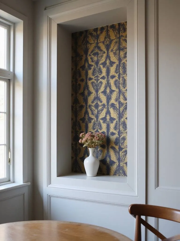 Dining room niche wallpapered with a bold geometric pattern in gold and navy.