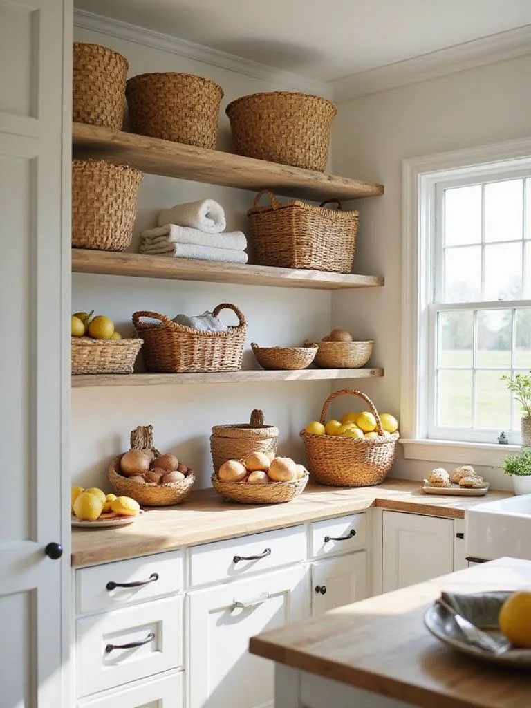 Farmhouse kitchen open shelving with woven baskets storing pantry items and kitchen linens.