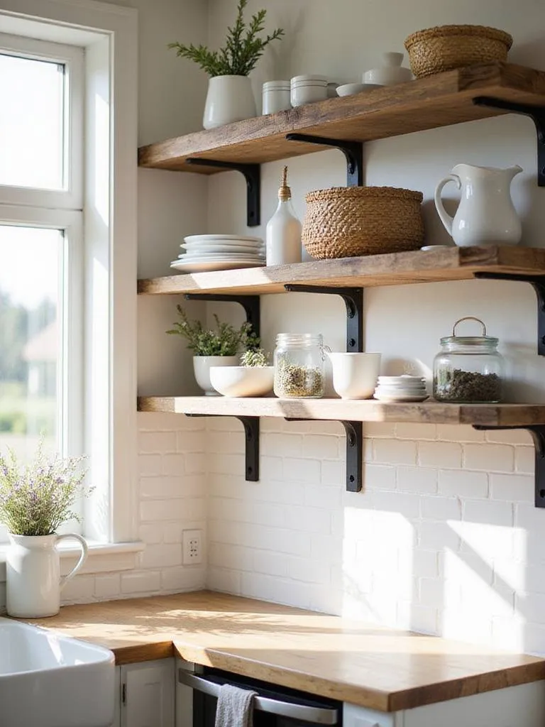 Farmhouse kitchen with reclaimed wood open shelving displaying rustic decor.