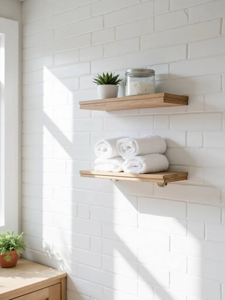 Modern bathroom with light wood floating shelves displaying towels, plants, and bath accessories.