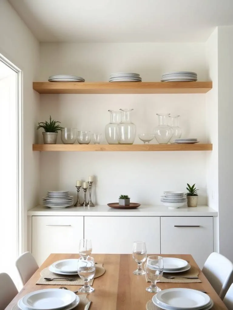 Dining room with open shelving displaying curated dinnerware and decorative objects.