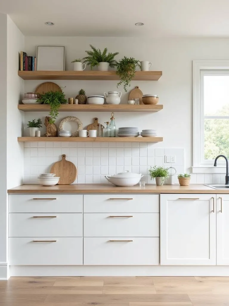 Open shelving and closed cabinet combination in a modern kitchen