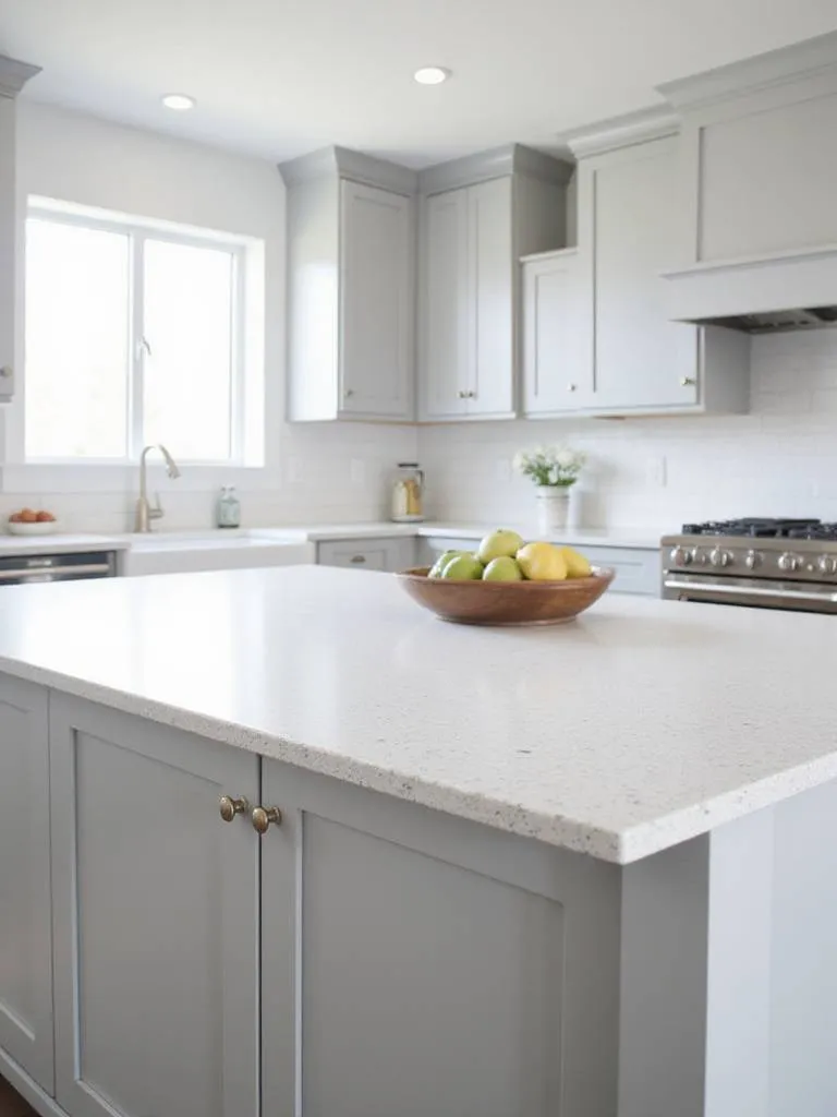 Modern kitchen island featuring a white quartz countertop.