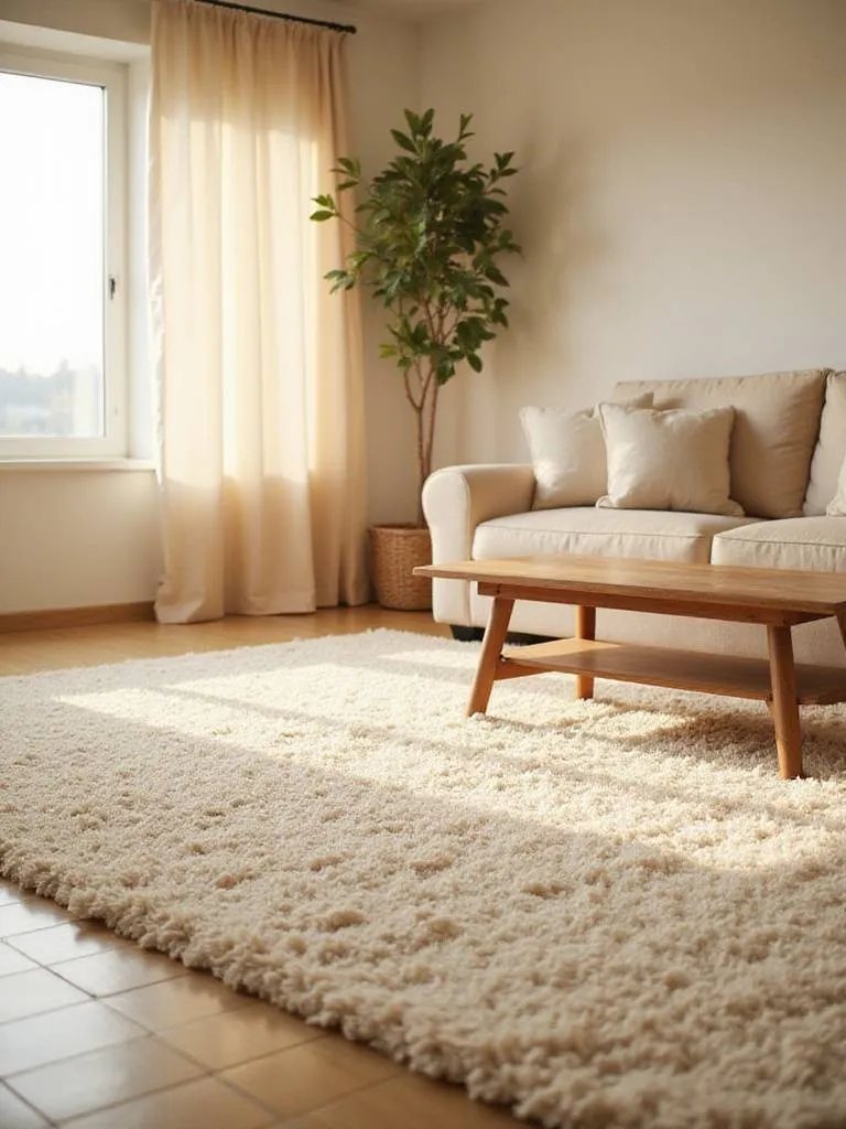 Cozy living room with a large, plush shag rug and comfortable furniture.