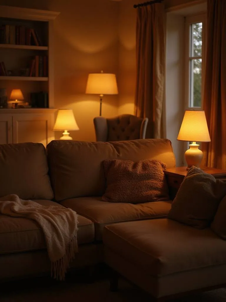 Cozy living room interior with warm lamp lighting creating a relaxing atmosphere.