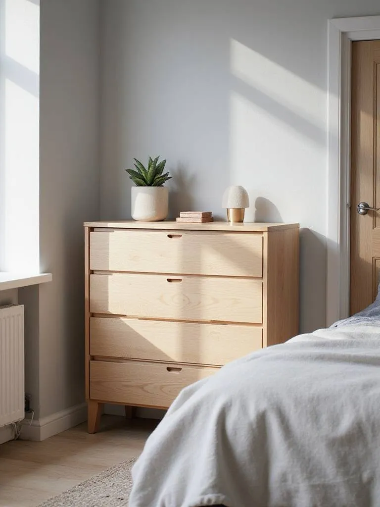 Light oak tallboy dresser providing vertical storage in a modern bedroom