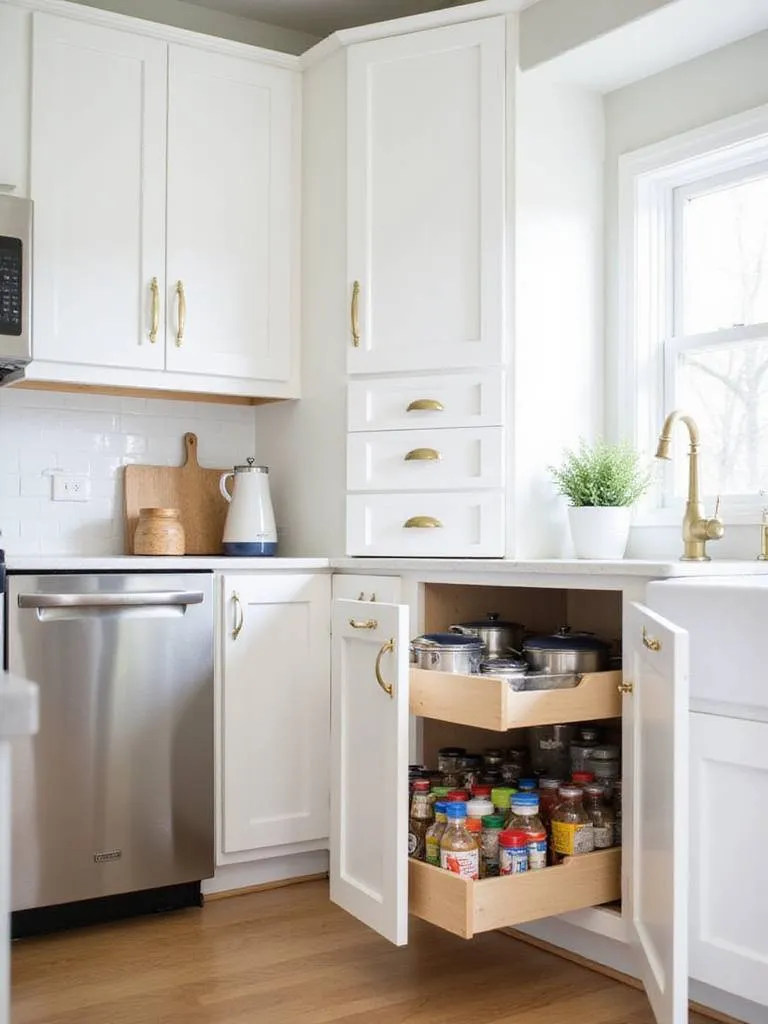 Dream kitchen featuring pull-out cabinet organizers for optimized storage.
