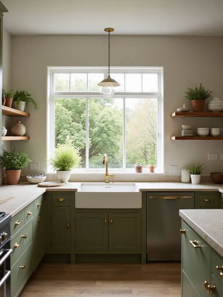 Olive green kitchen cabinets with brass hardware in a modern farmhouse style kitchen.