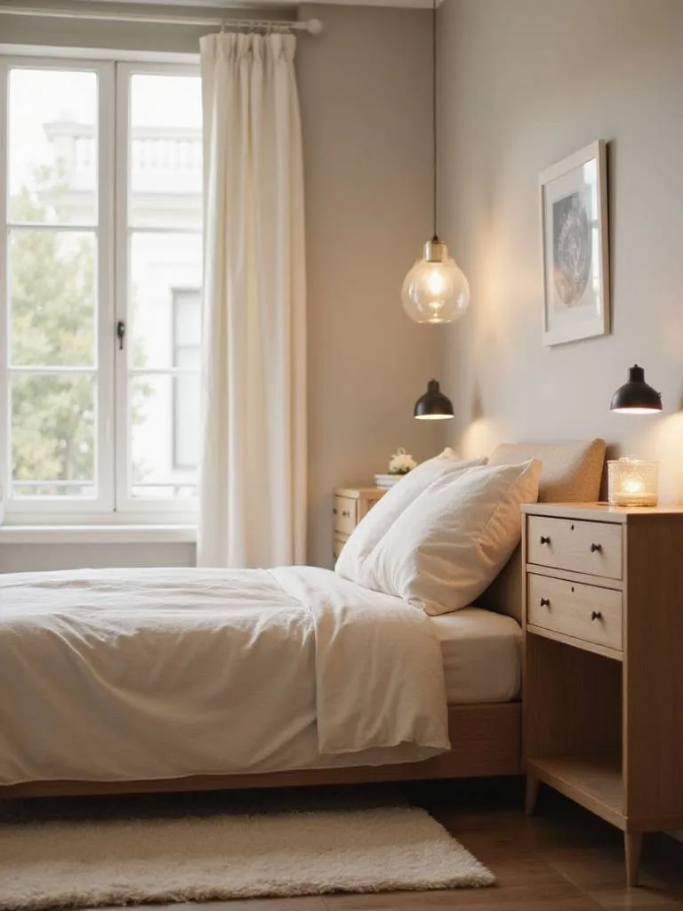 Bedroom interior featuring nightstands with drawers for bedside organization.