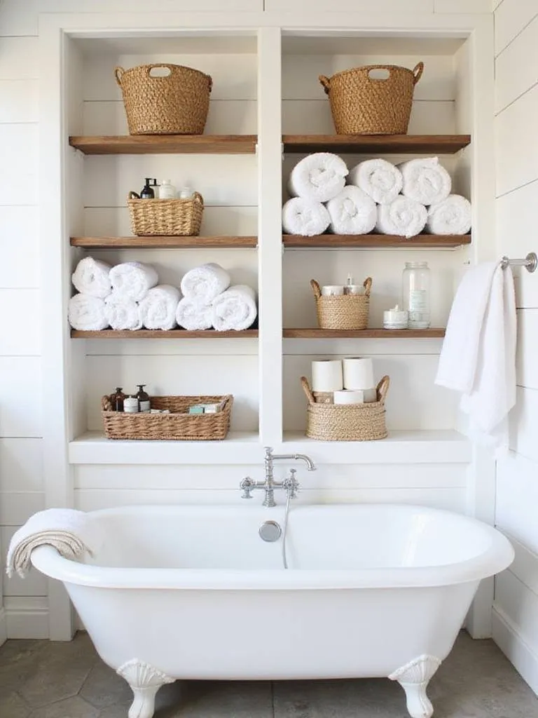 Farmhouse bathroom with woven baskets for stylish storage