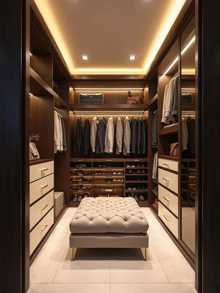 Luxurious bespoke walk-in closet system with custom shelving and organization