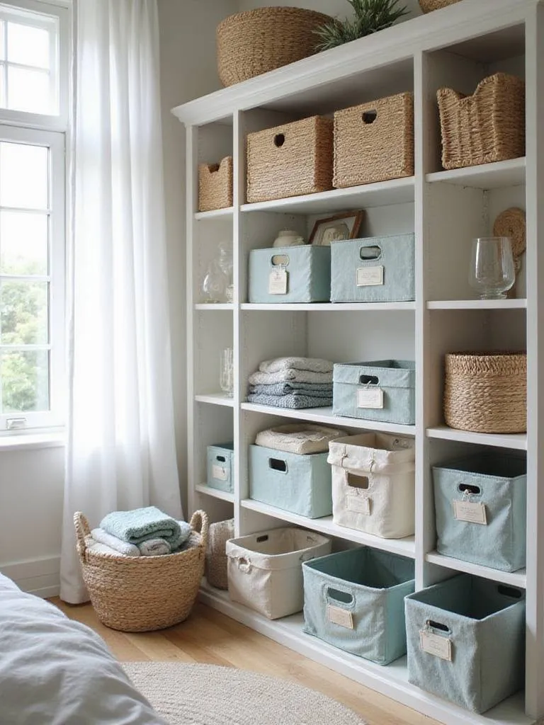 Organized bedroom bookshelf featuring woven baskets and fabric boxes for stylish and affordable storage.
