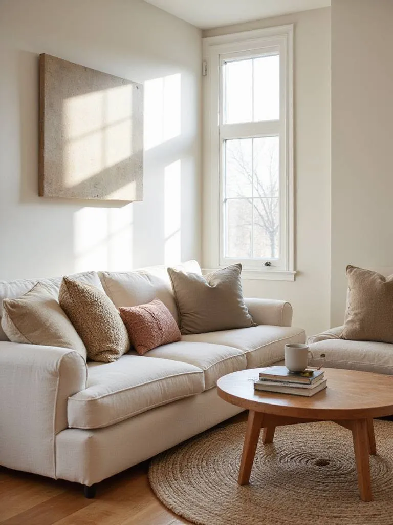 Cozy living room with warm white walls, cream sofa, and natural textures.