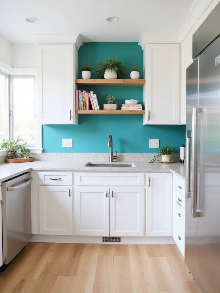 Modern kitchen with white cabinets and a vibrant teal accent wall behind open shelving.