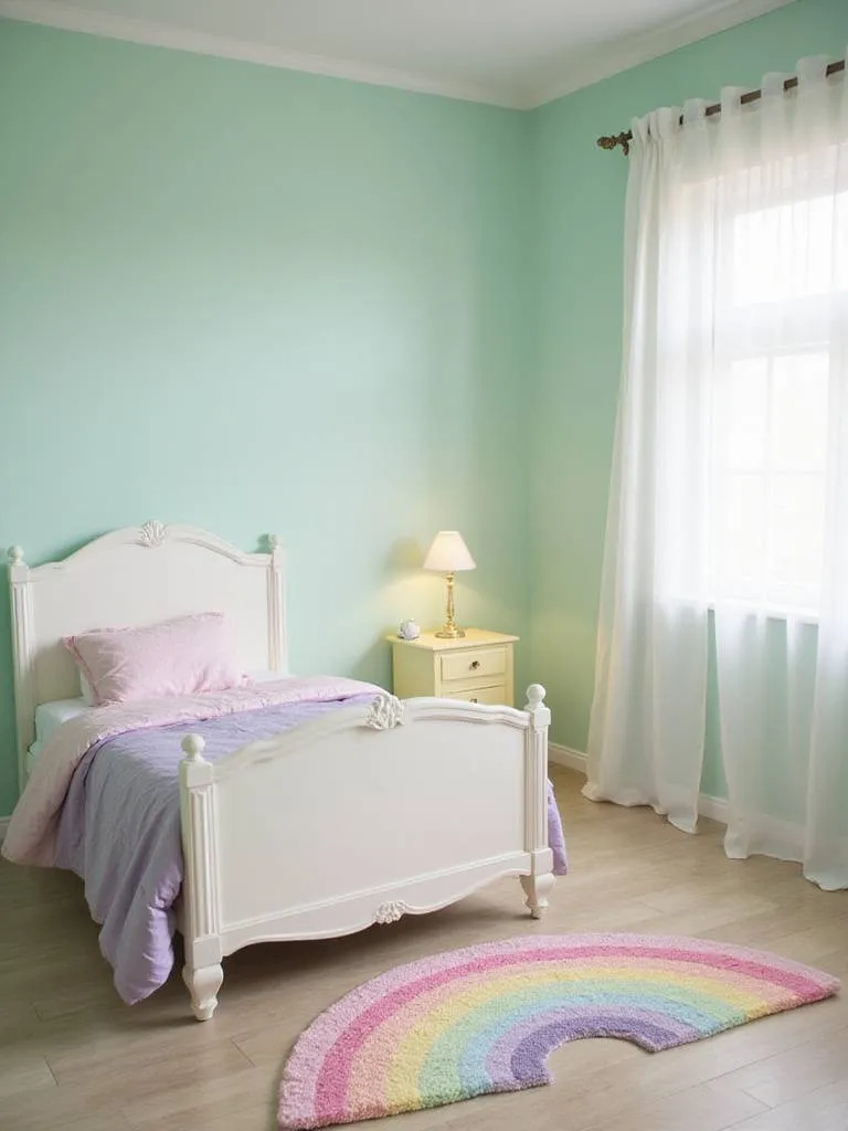 Serene kids bedroom with pastel mint walls and pink and lavender bedding.