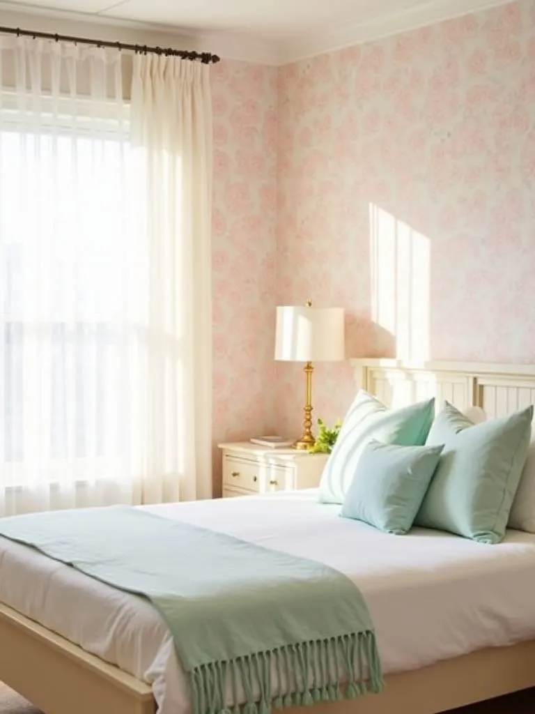 Bedroom with pastel pink floral wallpaper, creating a bright and airy space.