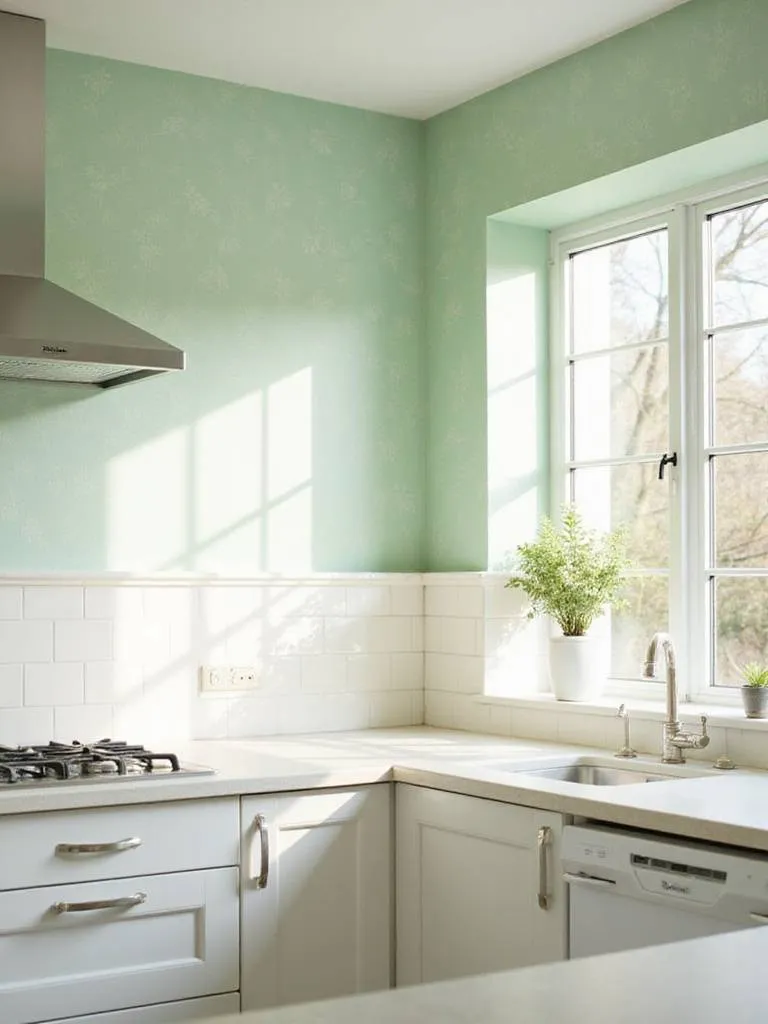 Pastel mint green floral wallpaper in a bright and airy kitchen.