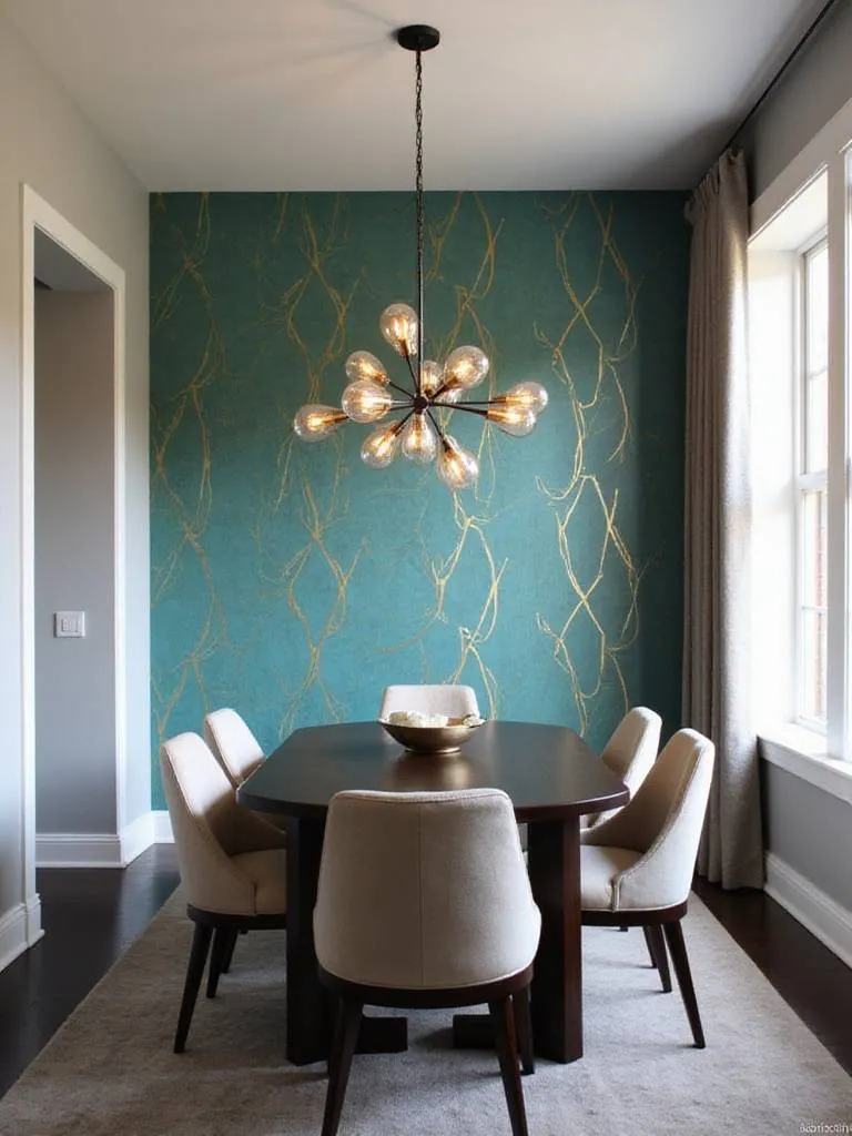 Dining room with a geometric teal and gold wallpaper accent wall.