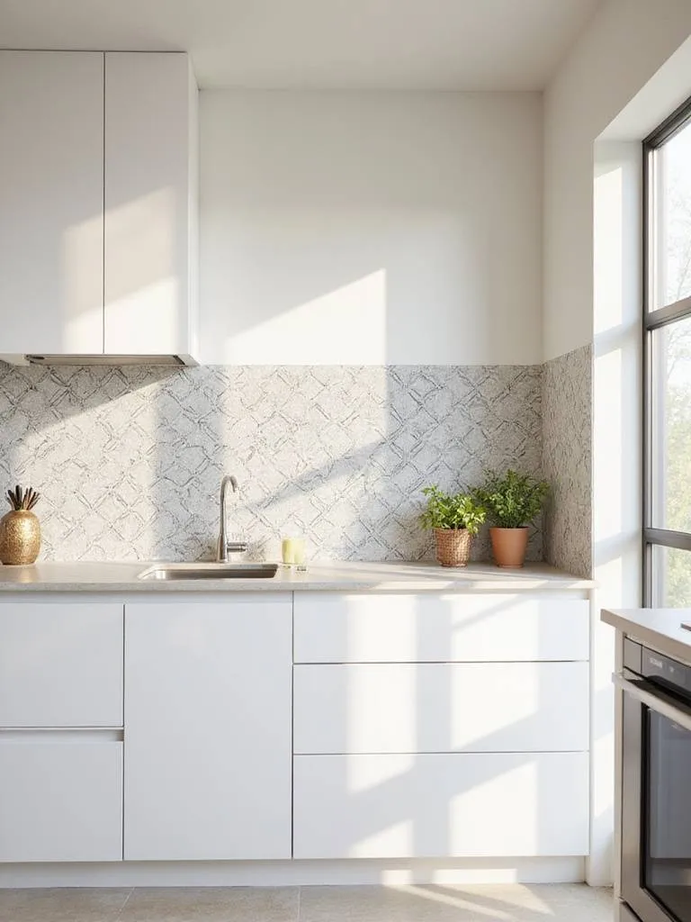 Modern kitchen with geometric peel and stick wallpaper accent wall.