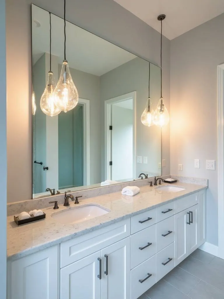 Elegant bathroom with teardrop pendant lights over a double vanity mirror.