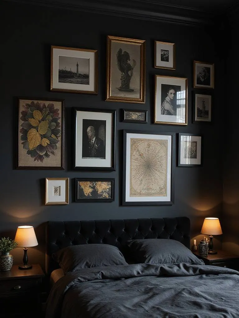 Black bedroom with a curated gallery wall featuring black and white photos, gold-accented prints, and vintage maps.