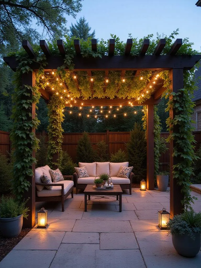 Beautiful patio pergola accessorized with string lights, outdoor furniture, and potted plants.