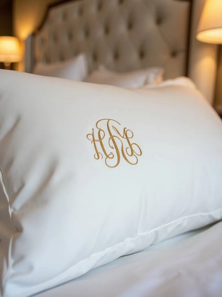 Monogrammed luxury bed linens adding a personalized touch to a dream bedroom sanctuary.