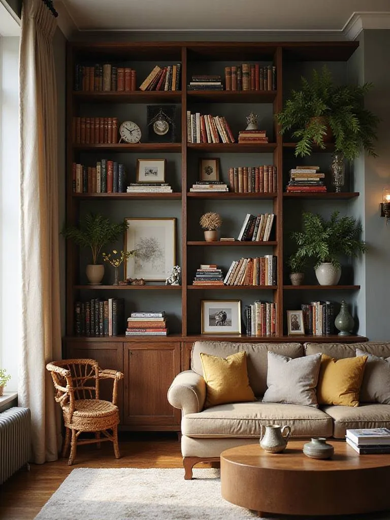 Cozy living room with a beautifully styled bookshelf filled with books, plants, and personal objects.