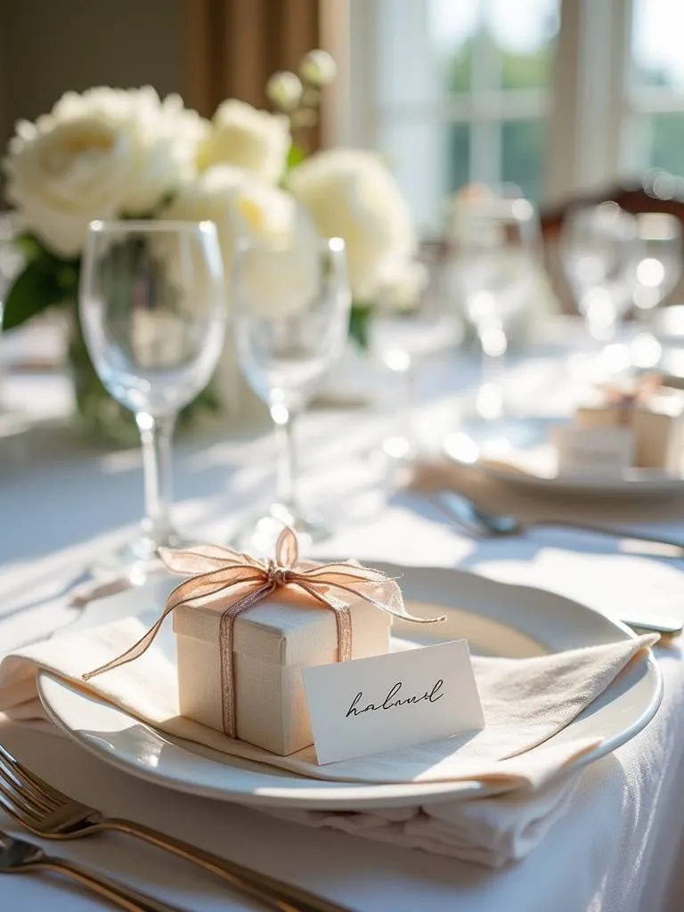 Personalized dining table place settings with handwritten name cards and individual guest gifts.