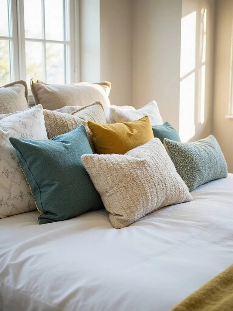 Bedroom with white linens and decorative pillows in neutral colors with teal and mustard yellow accents.